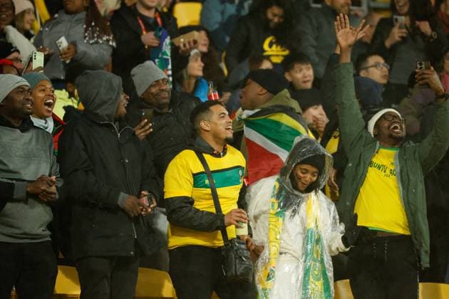 Wellington, New Zealand, 23 July 2023: South African fans celebrate scoring the first goal. Sweden vs South Africa. FIFA World Cup, WM, Weltmeisterschaft, Fussball Group G. Wellington. New Zealand. (Joe Serci SPP)  Copyright: xJoexSercix xSPPx spp-en-JoSeSp-Joe Serci SPP - Sweden vs South Africa-3
