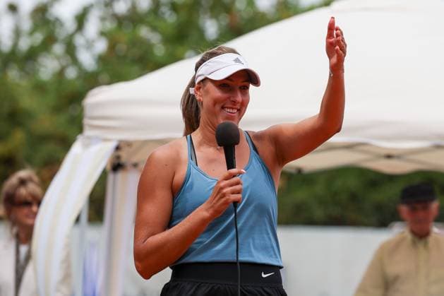 Darmstadt 23 July 2023 47 International Womens ITF W25 Singles Tennis Tournament Final Tena LUKAS CRO Lola RADIVOJEVIC SRB v l , Tena LUKAS CRO laughs, rejoices, says thank you Copyright: JoaquimxFerreira