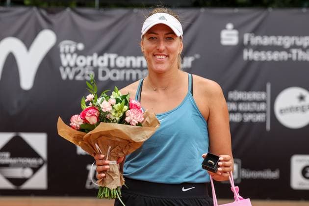 Darmstadt 23 July 2023 47 International Womens ITF W25 Singles Tennis Tournament Final Tena LUKAS CRO Lola RADIVOJEVIC SRB v l , Tena LUKAS CRO laughs, happy, with trophy Copyright: JoaquimxFerreira