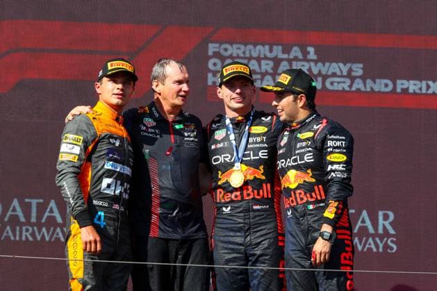 Podium: from left to right Lando Norris (GBR) McLaren MCL60 Max Verstappen (NED) Redbull Racing RB19 Paul Monegan (GBR) Technical Director Oracle Red Bull Racing Sergio Perez (MEX) Redbull Racing RB19 during Podium Celebration after the race, Sunday Jul 23th FORMULA 1 QATAR AIRWAYS HUNGARIAN GRAND PRIX 2023 - Jul21 to Jul23 2023 Hungaroring, Budapest, Hungary during 2023 Formula 1 Qatar Airways Hungarian Grand Prix, Formula One World Championship, WM, Weltmeisterschaft - Race, Formula 1 Championship in Mogyorod, Hungary, July 23 2023  Copyright: xAlessioxDexMarco IPAxSportx xipax xx 0 IPA_IPA39369151