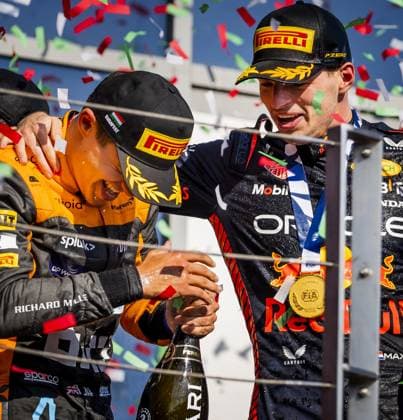 BUDAPEST - Max Verstappen (Red Bull Racing) and Lando Norris (McLaren) on the podium after the Hungarian Grand Prix at the Hungaroring. ANP REMKO DE WAAL F1 Grand Prix of Hungary 2023 xVIxANPxSportx xxANPxIVx 474125743 originalFilename: 474125743.jpg