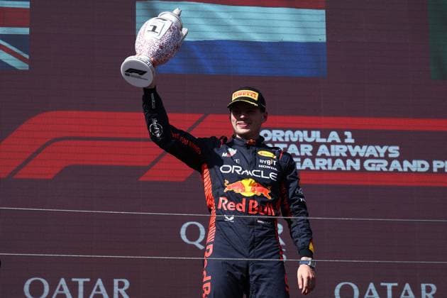 F1 Gran Prix of Hungary Max Verstappen of Red Bull Racing celebrates on the podium at the end of the F1 Grand Prix of Hungary at Hungaroring on July 23, 2023 Mogyorod, Hungary. Mogyorod Hungaroring Hungary Copyright: xMarcoxCanonierox