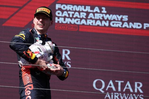 F1 Gran Prix of Hungary Max Verstappen of Red Bull Racing celebrates on the podium at the end of the F1 Grand Prix of Hungary at Hungaroring on July 23, 2023 Mogyorod, Hungary. Mogyorod Hungaroring Hungary Copyright: xMarcoxCanonierox