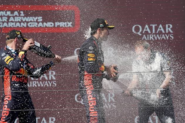 Formula 1 Grand Prix Hungarian Grand Prix 2023 23 07 2023, Hungaroring, Budapest, Formula 1 Grand Prix Hungarian Grand Prix 2023 , in picture winner Max Verstappen NLD , Oracle Red Bull Racing, 2 place for Lando Norris GBR , McLaren F1 Team, 3 place for Sergio Perez MEX , Oracle Red Bull Racing nordphotoxGmbHx xBratic nph00250