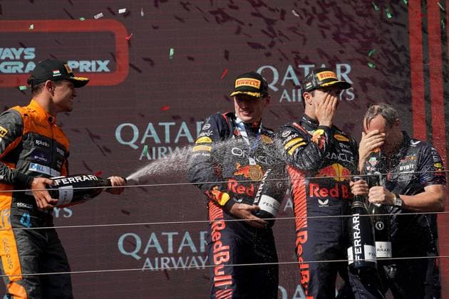 Formula 1 Grand Prix Hungarian Grand Prix 2023 23 07 2023, Hungaroring, Budapest, Formula 1 Grand Prix Hungarian Grand Prix 2023 , in picture winner Max Verstappen NLD , Oracle Red Bull Racing, 2 place for Lando Norris GBR , McLaren F1 Team, 3 place for Sergio Perez MEX , Oracle Red Bull Racing nordphotoxGmbHx xBratic nph00250