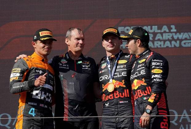 Formula 1 Grand Prix Hungarian Grand Prix 2023 23 07 2023, Hungaroring, Budapest, Formula 1 Grand Prix Hungarian Grand Prix 2023 , in picture winner Max Verstappen NLD , Oracle Red Bull Racing, 2 place for Lando Norris GBR , McLaren F1 Team, 3 place for Sergio Perez MEX , Oracle Red Bull Racing nordphotoxGmbHx xBratic nph00250