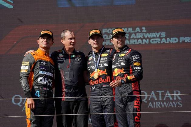 Formula 1 Grand Prix Hungarian Grand Prix 2023 23 07 2023, Hungaroring, Budapest, Formula 1 Grand Prix Hungarian Grand Prix 2023 , in picture winner Max Verstappen NLD , Oracle Red Bull Racing, 2 place for Lando Norris GBR , McLaren F1 Team, 3 place for Sergio Perez MEX , Oracle Red Bull Racing nordphotoxGmbHx xBratic nph00250