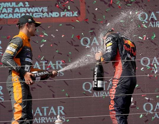 23 07 2023, Hungaroring, Budapest, Formula 1 Grand Prix Hungarian Grand Prix 2023 , in picture winner Max Verstappen NLD , Oracle Red Bull Racing, 2 place for Lando Norris GBR , McLaren F1 Team, 3 place for Sergio Perez MEX , Oracle Red Bull Racing Budapest Hungaroring Tirol Hungary  eu-images-506