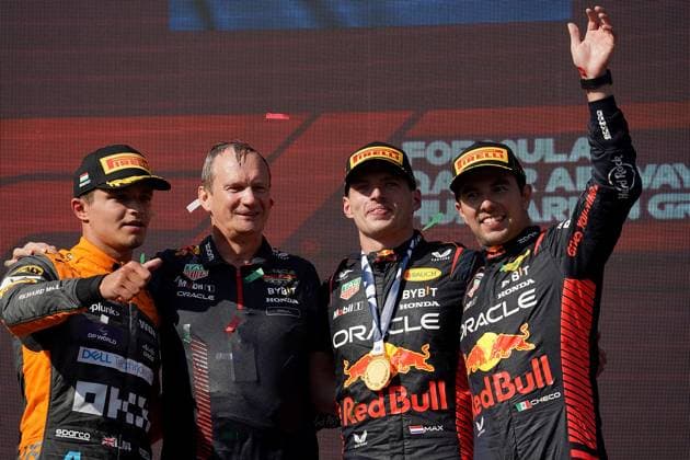 23 07 2023, Hungaroring, Budapest, Formula 1 Grand Prix Hungarian Grand Prix 2023 , in picture winner Max Verstappen NLD , Oracle Red Bull Racing, 2 place for Lando Norris GBR , McLaren F1 Team, 3 place for Sergio Perez MEX , Oracle Red Bull Racing Budapest Hungaroring Tirol Hungary  eu-images-506