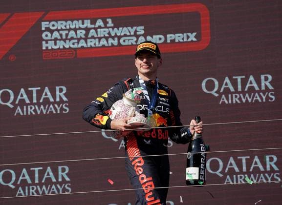23 07 2023, Hungaroring, Budapest, Formula 1 Grand Prix Hungarian Grand Prix 2023 , in picture winner Max Verstappen NLD , Oracle Red Bull Racing, 2 place for Lando Norris GBR , McLaren F1 Team, 3 place for Sergio Perez MEX , Oracle Red Bull Racing Budapest Hungaroring Tirol Hungary  eu-images-506