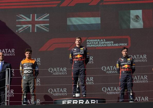 23 07 2023, Hungaroring, Budapest, Formula 1 Grand Prix Hungarian Grand Prix 2023 , in picture winner Max Verstappen NLD , Oracle Red Bull Racing, 2 place for Lando Norris GBR , McLaren F1 Team, 3 place for Sergio Perez MEX , Oracle Red Bull Racing Budapest Hungaroring Tirol Hungary  eu-images-506