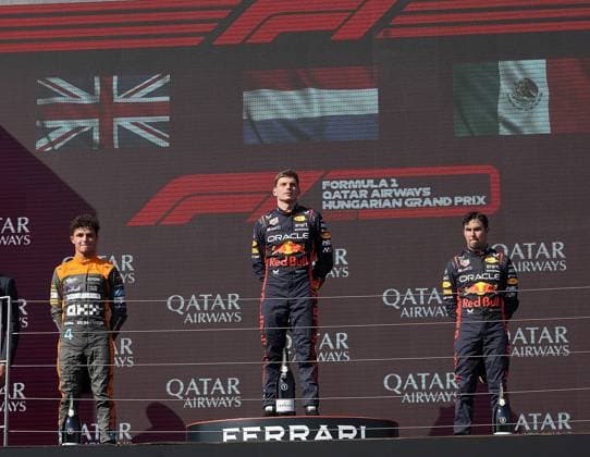 Formula 1 Grand Prix Hungarian Grand Prix 2023 23 07 2023, Hungaroring, Budapest, Formula 1 Grand Prix Hungarian Grand Prix 2023 , in picture winner Max Verstappen NLD , Oracle Red Bull Racing, 2 place for Lando Norris GBR , McLaren F1 Team, 3 place for Sergio Perez MEX , Oracle Red Bull Racing nordphotoxGmbHx xBratic nph00250