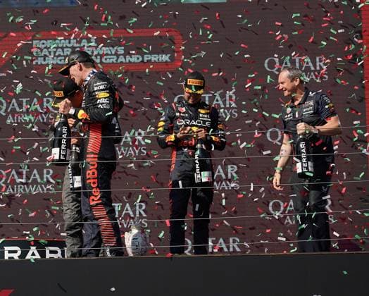 Formula 1 Grand Prix Hungarian Grand Prix 2023 23 07 2023, Hungaroring, Budapest, Formula 1 Grand Prix Hungarian Grand Prix 2023 , in picture winner Max Verstappen NLD , Oracle Red Bull Racing, 2 place for Lando Norris GBR , McLaren F1 Team, 3 place for Sergio Perez MEX , Oracle Red Bull Racing nordphotoxGmbHx xBratic nph00250