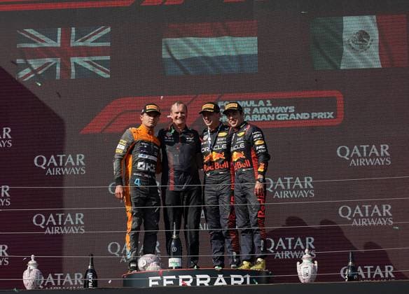 Formula 1 Grand Prix Hungarian Grand Prix 2023 23 07 2023, Hungaroring, Budapest, Formula 1 Grand Prix Hungarian Grand Prix 2023 , in picture winner Max Verstappen NLD , Oracle Red Bull Racing, 2 place for Lando Norris GBR , McLaren F1 Team, 3 place for Sergio Perez MEX , Oracle Red Bull Racing nordphotoxGmbHx xBratic nph00250