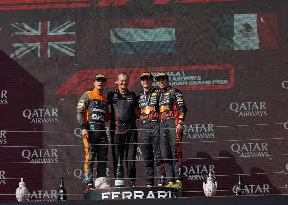 Formula 1 Grand Prix Hungarian Grand Prix 2023 23 07 2023, Hungaroring, Budapest, Formula 1 Grand Prix Hungarian Grand Prix 2023 , in picture winner Max Verstappen NLD , Oracle Red Bull Racing, 2 place for Lando Norris GBR , McLaren F1 Team, 3 place for Sergio Perez MEX , Oracle Red Bull Racing nordphotoxGmbHx xBratic nph00250
