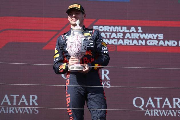 F1 Gran Prix of Hungary Max Verstappen of Red Bull Racing celebrates on the podium at the end of the F1 Grand Prix of Hungary at Hungaroring on July 23, 2023 Mogyorod, Hungary. Mogyorod Hungaroring Hungary Copyright: xMarcoxCanonierox