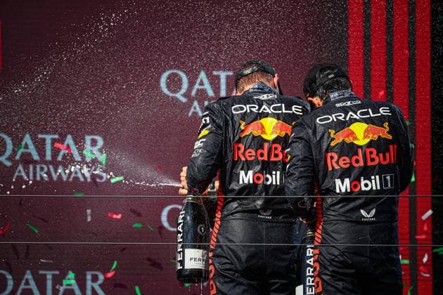 Podium of the race, Max Verstappen, Sergio perez, Lando Norris, Red Bull and McLaren during the Hungarian GP, Budapest 20-23 July 2023 at the Hungaroring, Formula 1 World Championship, WM, Weltmeisterschaft 2023.  Copyright: xFedericoxBasile IPAx xipa-agencyx xFedericoxBasile IPAx 0 IPA_IPA39371497
