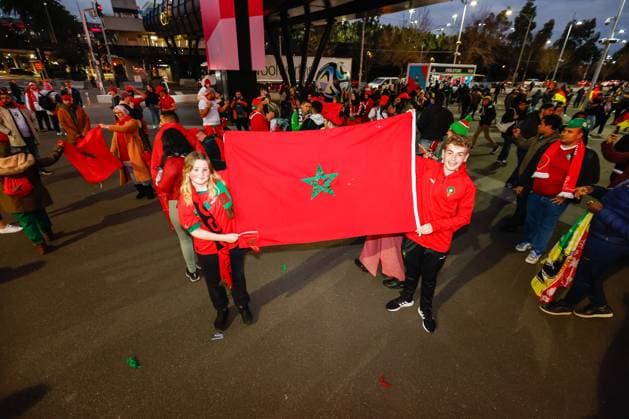 July 24, 2023, Melbourne, Australia: Moroccan fans holding their flag before the FIFA Women s World Cup Australia & New Zealand 2023 Group match between Germany and Morocco at Melbourne Rectangular Stadium. Germany won the game 6-0. Melbourne Australia - ZUMAs197 20230724_zaa_s197_297 Copyright: xGeorgexHitchensx