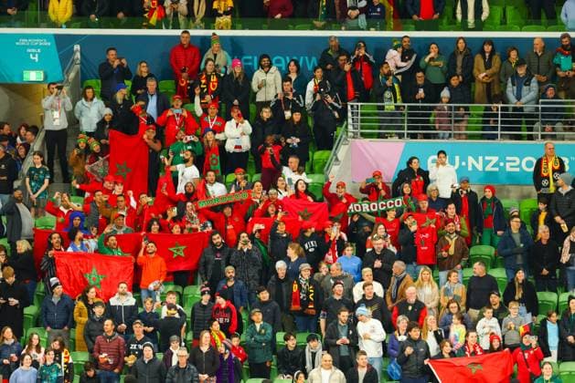 July 24, 2023, Melbourne, Australia: Moroccan fans cheer during the FIFA Women s World Cup Australia & New Zealand 2023 Group match between Germany and Morocco at Melbourne Rectangular Stadium. Germany won the game 6-0. Melbourne Australia - ZUMAs197 20230724_zaa_s197_298 Copyright: xGeorgexHitchensx