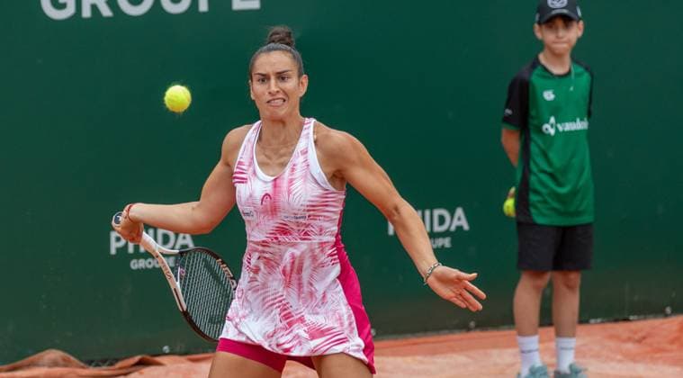 25 07 2023, Lausanne, Tennis Club Stade Lausanne, Ladies Open Lausanne Sara Sorribes Tormo Susan Bandecchi, Susan Bandecchi playing the ball Lausanne Tennis Club Stade Lausanne Vaud Switzerland  Copyright: xJustPictures.ch MayaxCretegnyx