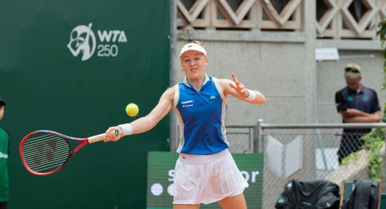 25 07 2023, Lausanne, Tennis Club Stade Lausanne, Ladies Open Lausanne Celine Naef Elisabetta Cocciaretto, Celine Naef playing the ball Lausanne Tennis Club Stade Lausanne Vaud Switzerland  Copyright: xJustPictures.ch MayaxCretegnyx
