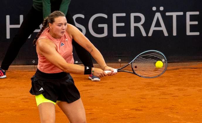26 7 2023, GER, tennis, women, Hamburg European Open 2023, WTA, doubles, 2 round, Jule Niemeier Germany Yulia Putinseva Kazakhstan Jule Niemeier Germany plays the ball Hamburg Rothenbaum Stadium Hamburg Germany