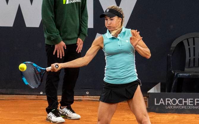 26 7 2023, GER, tennis, women, Hamburg European Open 2023, WTA, doubles, 2 round, Jule Niemeier Germany Yulia Putinseva Kazakhstan Yulia Putinseva Kazakhstan plays the ball Hamburg Rothenbaum Stadium Hamburg Germany