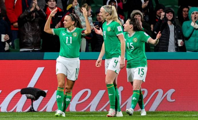2023 FIFA Women s World Cup Group B, Perth Rectangular Stadium, Perth, Australia 26 7 2023 Canada vs Republic of Ireland WNT Ireland™s Katie McCabe celebrates scoring their first goal with Louise Quinn Katie McCabe celebrates scoring their first goal with Louise Quinn 26 7 2023  Copyright: x INPHO RyanxByrnex RB1_5771