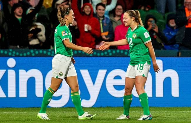 2023 FIFA Women s World Cup Group B, Perth Rectangular Stadium, Perth, Australia 26 7 2023 Canada vs Republic of Ireland WNT Ireland™s Katie McCabe celebrates scoring their first goal with Kyra Carusa Katie McCabe celebrates scoring their first goal with Kyra Carusa 26 7 2023  Copyright: x INPHO RyanxByrnex RB1_5802