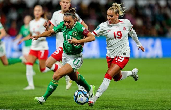 2023 FIFA Women s World Cup Group B, Perth Rectangular Stadium, Perth, Australia 26 7 2023 Canada vs Republic of Ireland WNT Ireland™s Katie McCabe with Adriana Leon of Canada Katie McCabe with Adriana Leon 26 7 2023  Copyright: x INPHO RyanxByrnex RB1_5976