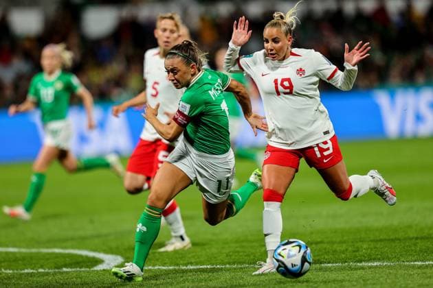 2023 FIFA Women s World Cup Group B, Perth Rectangular Stadium, Perth, Australia 26 7 2023 Canada vs Republic of Ireland WNT Ireland™s Katie McCabe with Adriana Leon of Canada Katie McCabe with Adriana Leon 26 7 2023  Copyright: x INPHO RyanxByrnex RB1_5980