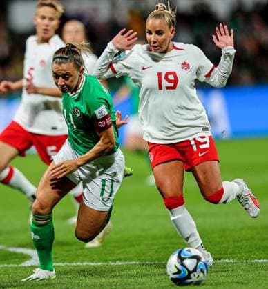 2023 FIFA Women s World Cup Group B, Perth Rectangular Stadium, Perth, Australia 26 7 2023 Canada vs Republic of Ireland WNT Ireland™ Katie McCabe with Adriana Leon of Canada Katie McCabe with Adriana Leon 26 7 2023  Copyright: x INPHO RyanxByrnex RB1_5981