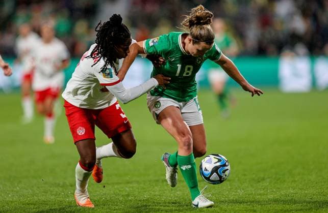 2023 FIFA Women s World Cup Group B, Perth Rectangular Stadium, Perth, Australia 26 7 2023 Canada vs Republic of Ireland WNT Ireland™s Kyra Carusa with Kadeisha Buchanan of Canada Kyra Carusa with Kadeisha Buchanan 26 7 2023  Copyright: x INPHO RyanxByrnex RB1_6175