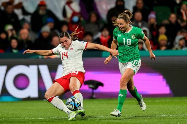 2023 FIFA Women s World Cup Group B, Perth Rectangular Stadium, Perth, Australia 26 7 2023 Canada vs Republic of Ireland WNT Ireland™s Kyra Carusa with Vanessa Gilles of Canada Kyra Carusa with Vanessa Gilles 26 7 2023  Copyright: x INPHO RyanxByrnex RB1_6517