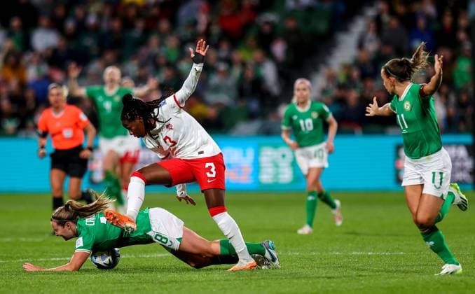 2023 FIFA Women s World Cup Group B, Perth Rectangular Stadium, Perth, Australia 26 7 2023 Canada vs Republic of Ireland WNT Canada™s Kadeisha Buchanan fouls Kyra Carusa of Ireland Kadeisha Buchanan fouls Kyra Carusa 26 7 2023  Copyright: x INPHO RyanxByrnex RB1_7023