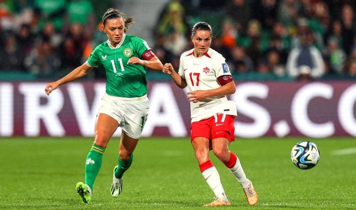 2023 FIFA Women s World Cup Group B, Perth Rectangular Stadium, Perth, Australia 26 7 2023 Canada vs Republic of Ireland WNT Ireland™s Katie McCabe with Jessie Fleming of Canada Katie McCabe with Jessie Fleming 26 7 2023  Copyright: x INPHO RyanxByrnex RB1_7222