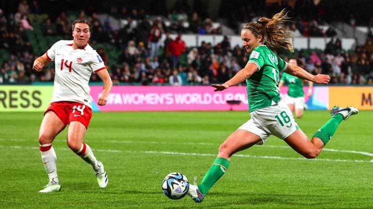 2023 FIFA Women s World Cup Group B, Perth Rectangular Stadium, Perth, Australia 26 7 2023 Canada vs Republic of Ireland WNT Ireland™s Kyra Carusa shoots at goal Kyra Carusa shoots at goal 26 7 2023  Copyright: x INPHO RyanxByrnex IMGL3223