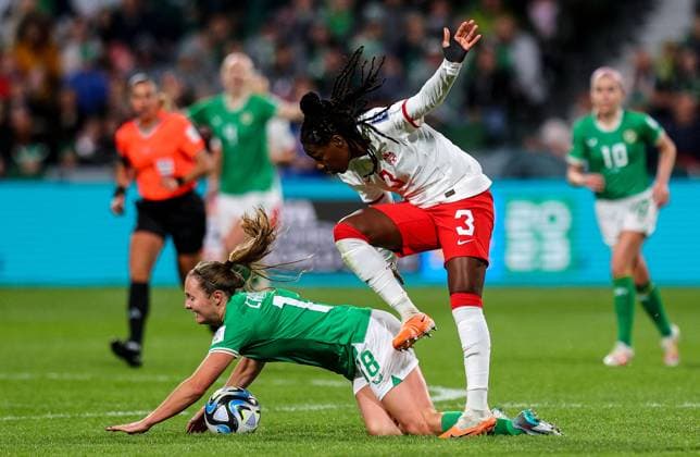 2023 FIFA Women s World Cup Group B, Perth Rectangular Stadium, Perth, Australia 26 7 2023 Canada vs Republic of Ireland WNT Canada™s Kadeisha Buchanan fouls Kyra Carusa of Ireland Kadeisha Buchanan fouls Kyra Carusa 26 7 2023  Copyright: x INPHO RyanxByrnex RB1_7022