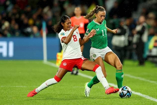 July 26, 2023, Perth, WESTERN AUSTRALIA, Australia: Jayde Riviere of Canada makes a tackle against Katie McCabe of Ireland during the Group B match at the FIFA Women s World Cup in Perth, Australia, Wednesday, July 26, 2023. Canada News - July 26, 2023  - ZUMAc35_ 20230726_zaf_c35_010 Copyright: xJamesxWorsfoldx