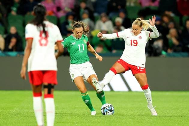 July 26, 2023, Perth, WESTERN AUSTRALIA, Australia: Adriana Leon of Canada (right) and Katie McCabe of Ireland vie for the ball during their Group B matchj at the FIFA Women s World Cup in Perth, Australia, Wednesday, July 26, 2023. Canada News - July 26, 2023  - ZUMAc35_ 20230726_zaf_c35_013 Copyright: xJamesxWorsfoldx