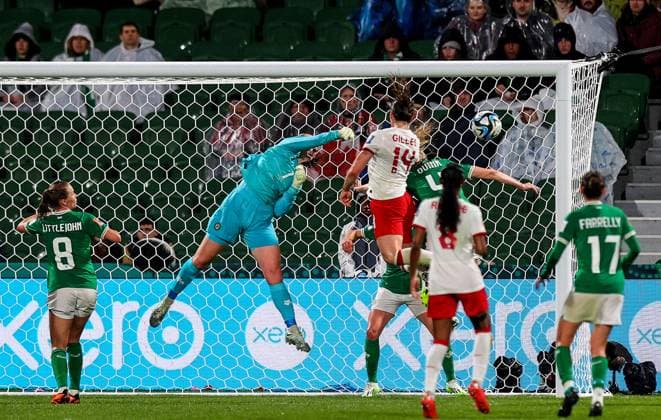 2023 FIFA Women s World Cup Group B, Perth Rectangular Stadium, Perth, Australia 26 7 2023 Canada vs Republic of Ireland WNT Ireland™s Louise Quinn stops Canada™s Vanessa Gilles from heading at goal in first-half stoppage time Louise Quinn stops Vanessa Gilles from heading at goal in first-half stoppage time 26 7 2023  Copyright: x INPHO RyanxByrnex RB1_7711