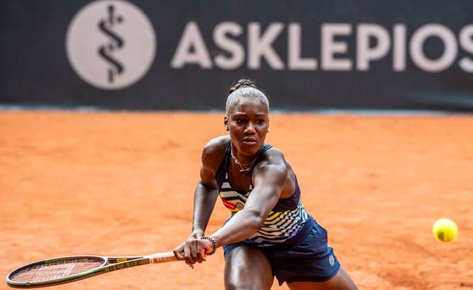 26 7 2023, GER, tennis, women, Hamburg European Open 2023, WTA, doubles, 2 round, Storm Hunter Australia Noma Noha Akugue Germany Noma Noha Akugue Germany plays the ball Hamburg Rothenbaum Stadium Hamburg Germany