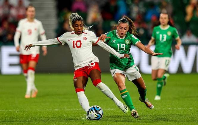 2023 FIFA Women s World Cup Group B, Perth Rectangular Stadium, Perth, Australia 26 7 2023 Canada vs Republic of Ireland WNT Canada™s Ashley Lawrence with Abbie Larkin of Ireland Ashley Lawrence with Abbie Larkin 26 7 2023  Copyright: x INPHO RyanxByrnex RB1_7984