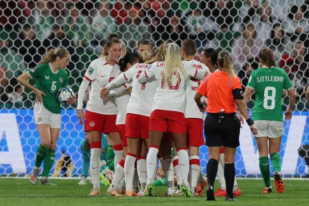 WWC23 CANADA IRELAND, Canada celebrates Adriana Leon?s goal during the FIFA Women s World Cup match between Canada and Republic of Ireland at the Perth Rectangular Stadium in Perth, Wednesday, July 26, 2023. ( NO ARCHIVING, EDITORIAL USE ONLY, NO USE IN BOOKS WITHOUT CONSENT PERTH WESTERN AUSTRALIA AUSTRALIA  Copyright: xRICHARDxWAINWRIGHTx 20230726001824447038
