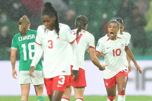 July 26, 2023, Perth, WESTERN AUSTRALIA, Australia: Ashley Lawrence of Canada (right) celebrates a goal with teammates Vanessa Gilles (centre) and Kadeisha Buchanan (left) against Ireland during their Group B match at the FIFA Women s World Cup in Perth, Australia, Wednesday, July 26, 2023. Canada News - July 26, 2023  - ZUMAc35_ 20230726_zaf_c35_022 Copyright: xJamesxWorsfoldx