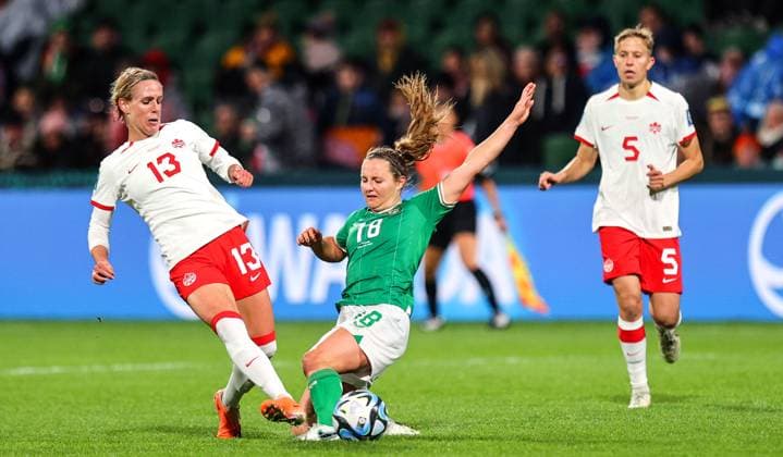 2023 FIFA Women s World Cup Group B, Perth Rectangular Stadium, Perth, Australia 26 7 2023 Canada vs Republic of Ireland WNT Canada™s Sophie Schmidt with Kyra Carusa of Ireland Sophie Schmidt with Kyra Carusa 26 7 2023  Copyright: x INPHO RyanxByrnex RB1_8319