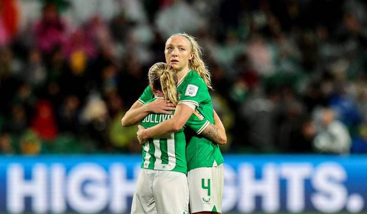2023 FIFA Women s World Cup Group B, Perth Rectangular Stadium, Perth, Australia 26 7 2023 Canada vs Republic of Ireland WNT Ireland™s Denise O™Sullivan and Louise Quinn dejected after the game Denise O™Sullivan and Louise Quinn dejected after the game 26 7 2023  Copyright: x INPHO RyanxByrnex RB1_0658