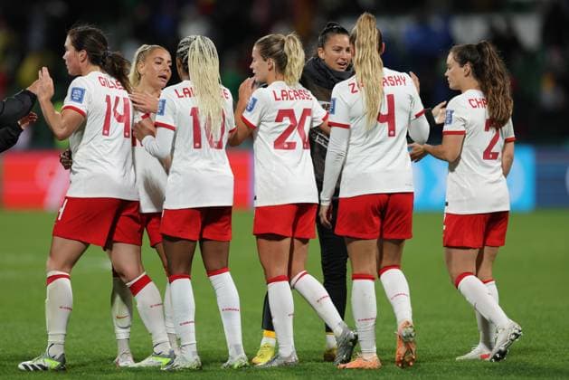 WWC23 CANADA IRELAND, Canada celebrate their win over Ireland during the FIFA Women s World Cup match between Canada and Republic of Ireland at the Perth Rectangular Stadium in Perth, Wednesday, July 26, 2023. ( NO ARCHIVING, EDITORIAL USE ONLY, NO USE IN BOOKS WITHOUT CONSENT PERTH WESTERN AUSTRALIA AUSTRALIA  Copyright: xRICHARDxWAINWRIGHTx 20230727001824463507