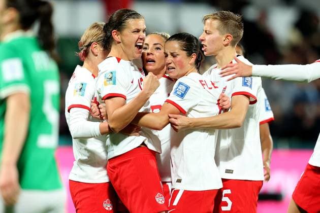 July 26, 2023, Perth, WESTERN AUSTRALIA, Australia: Christine Sinclair (left to right), Adriana Leon, Jessie Fleming and Quinn celebrate a second half goal by Leon against Ireland during their Group B match at the FIFA Women s World Cup in Perth, Australia, Wednesday, July 26, 2023. Canada News - July 26, 2023  - ZUMAc35_ 20230726_zaf_c35_051 Copyright: xJamesxWorsfoldx