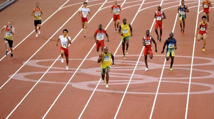 Beijing 2008 Olympics - Athletics Jamaica s Asafa Powell, Nesta Carter, Usain Bolt and Michael Frater celebrate the gold medal after the Men s 4 x 100m Relay Final during the Beijing 2008 Olympic Games, Olympische Spiele, Olympia, OS on Day 14 at the National Stadium in Beijing, China on August 22, 2008. Photo by Willis Parker Cameleon ABACAPRESS.COM Beijing  Copyright: xParkerxWillis ABACAx 161507_028 ParkerxWillis ABACAx 161507_028